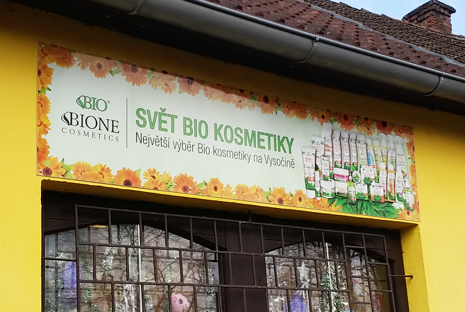 Reklamní cedule Svět bio kosmetiky